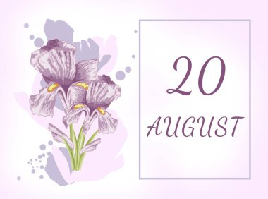 Ağustos 20 'de. Ayın yirminci günü, takvim randevusu. İki güzel zambak çiçeği, bulanık arkaplan, pastel renkler. Nazik çizim. Yaz ayı, yılın günü konsepti..