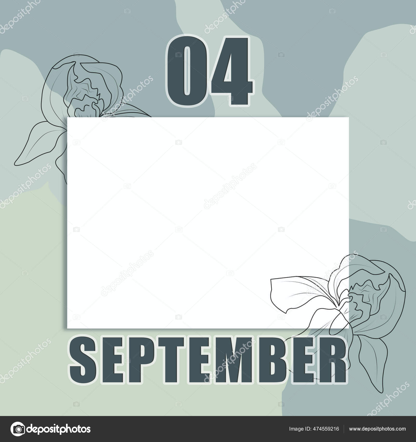 04年9月4日月的第04天日历日期在抽象的灰绿色背景上的一张干净的白纸上面有虹膜花的轮廓复制空间秋季月年度概念日