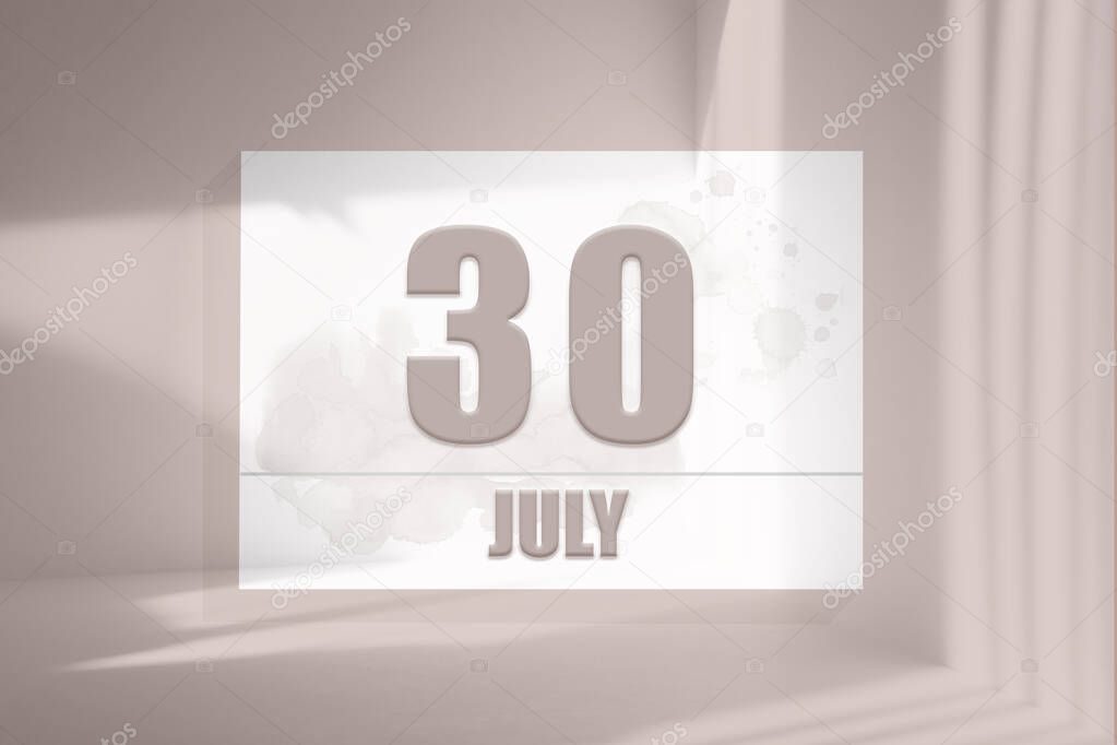 july 30. 30th day of the month, calendar date.White sheet of paper with numbers on minimalistic pink background with window shadows. Summer month, day of the year concept.3D illustration