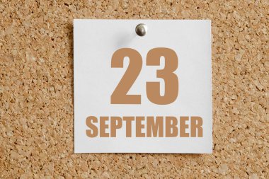 23 Eylül. Ayın 23. günü, takvim tarihi. Kahverengi mantar panoya eklenmiş beyaz takvim kağıdı. Sonbahar ayı, yılın günü konsepti..