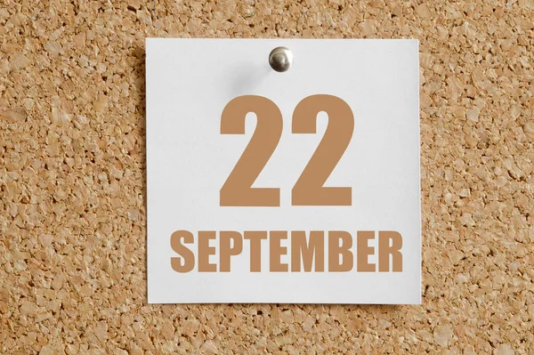 9月22日 今月の22日 カレンダーの日付 茶色のコルクボードに添付されたホワイトカレンダーシート 秋の月 その年のコンセプトの日 — ストック写真