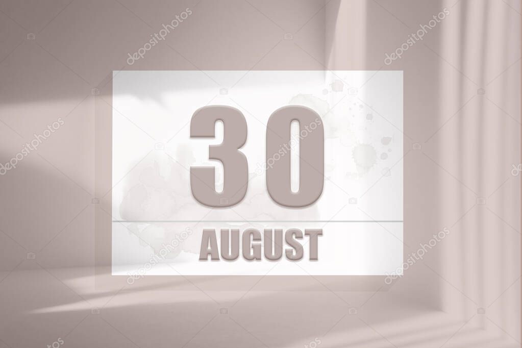 august 30. 30th day of the month, calendar date.White sheet of paper with numbers on minimalistic pink background with window shadows. Summer month, day of the year concept.3D illustration