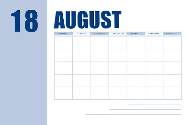 August 18Th Day Month Calendar Date Event Planner Month Agenda — Stockfoto