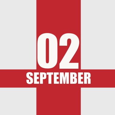 2 Eylül. Ayın ikinci günü, takvim tarihi. Beyaz sayılar ve kırmızı kesişen çizgiler. Yılın günü kavramı, zaman çizelgesi, sonbahar ayı