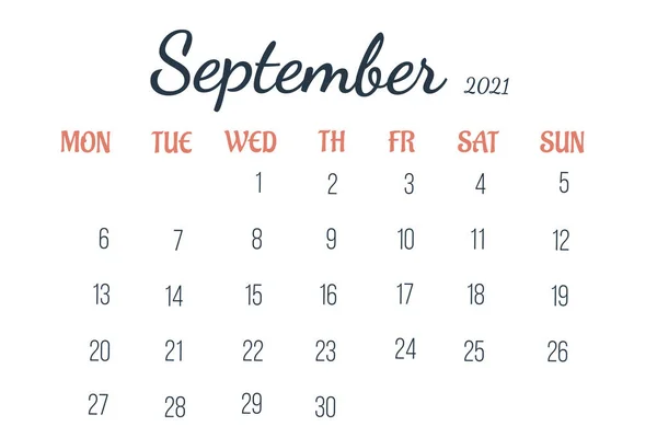 Month September 2021 Page Full Month Calendar White Isolated Background — Stock Photo, Image