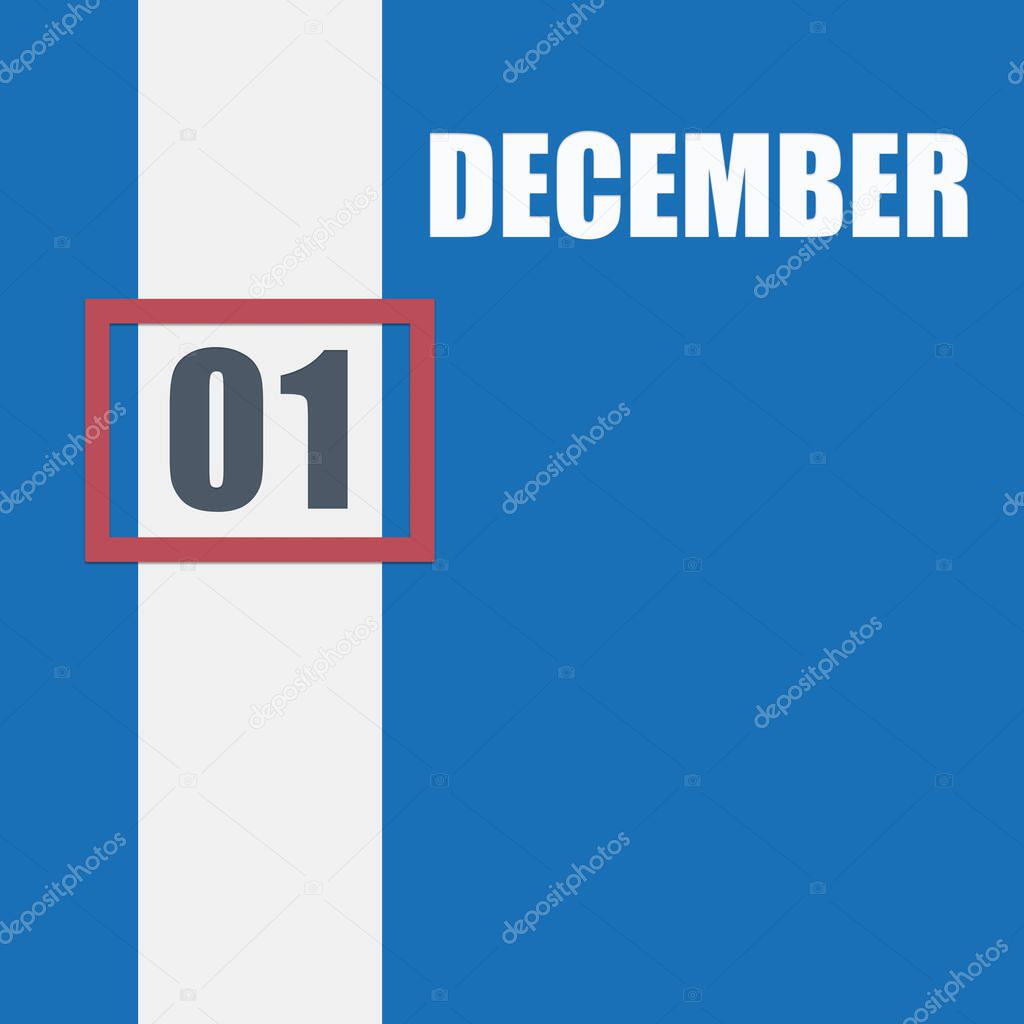 december 1. 1th day of month, calendar date.Blue background with white stripe and red number slider. Concept of day of year, time planner, winter month