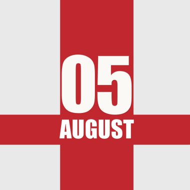 5 Ağustosta. Ayın beşinci günü, takvim tarihi. Beyaz sayılar ve kırmızı kesişen çizgiler. Yılın günü kavramı, zaman çizelgesi, yaz ayı..