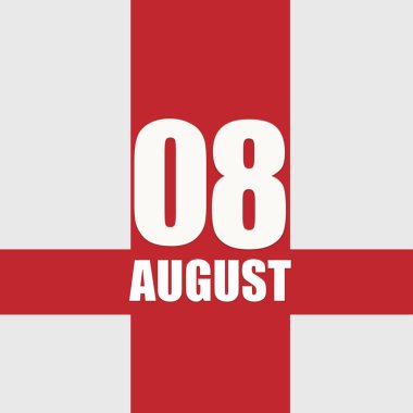 8 Ağustosta. Ayın sekizinci günü, takvim tarihi. Beyaz sayılar ve kırmızı kesişen çizgiler. Yılın günü kavramı, zaman çizelgesi, yaz ayı..