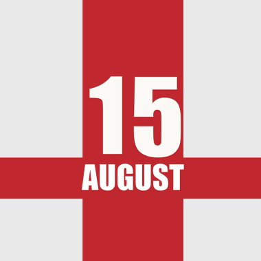 15 Ağustosta. Ayın 15. günü, takvim tarihi. Beyaz sayılar ve kırmızı kesişen çizgiler. Yılın günü kavramı, zaman çizelgesi, yaz ayı..