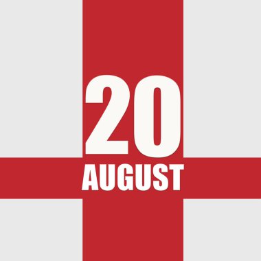 Ağustos 20 'de. Ayın 20. günü, takvim tarihi. Beyaz sayılar ve kırmızı kesişen çizgiler. Yılın günü kavramı, zaman çizelgesi, yaz ayı..