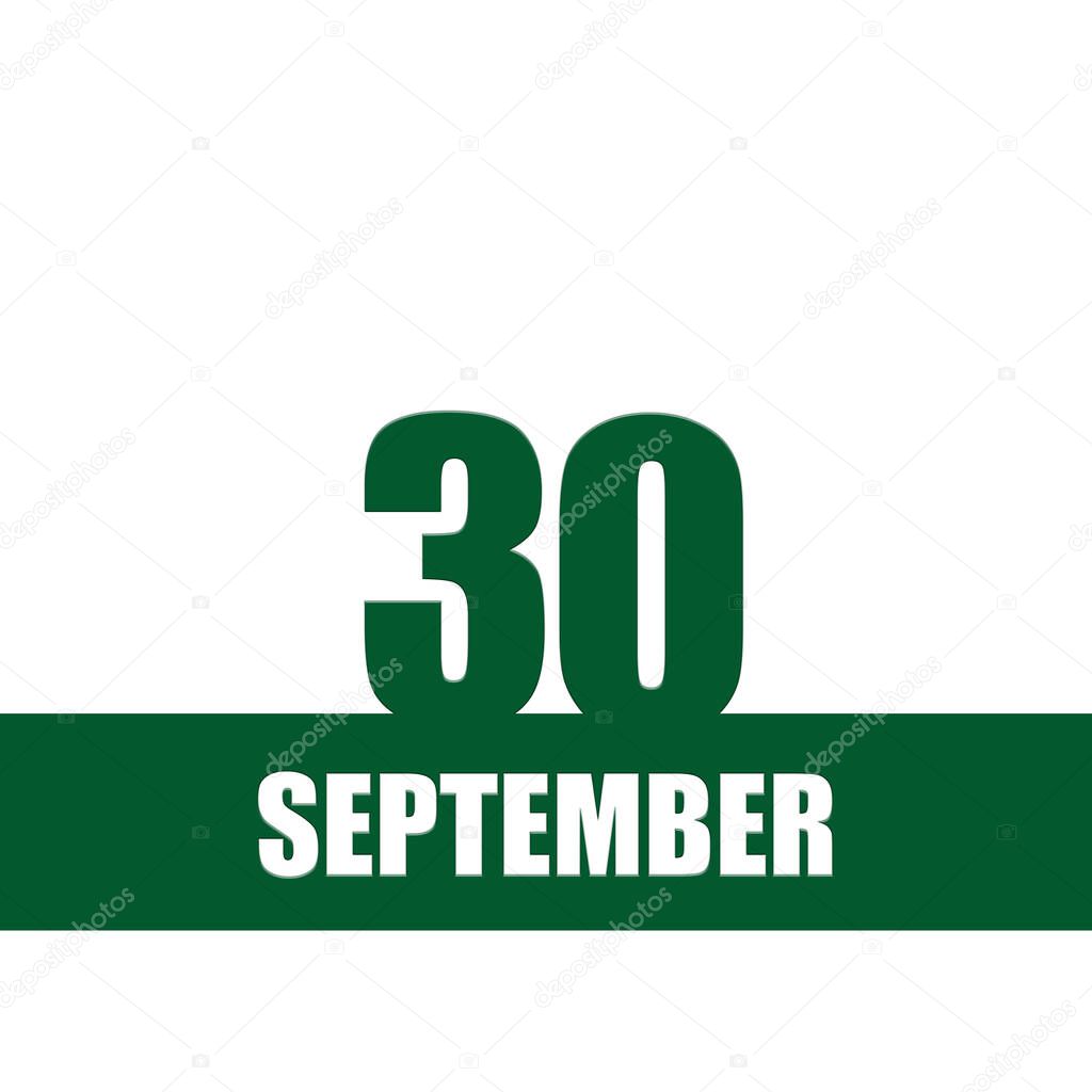 september 30. 30th day of month, calendar date.Green numbers and stripe with white text on isolated background. Concept of day of year, time planner, autumn month.