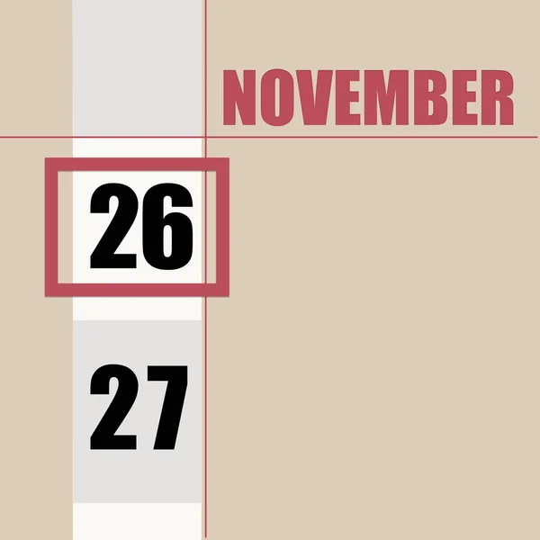 11月26日 月の26日 カレンダーの日付 白のストライプと赤の正方形とベージュの背景 日付を変更して 1年の日 タイムプランナー 秋の月の概念 — ストック写真