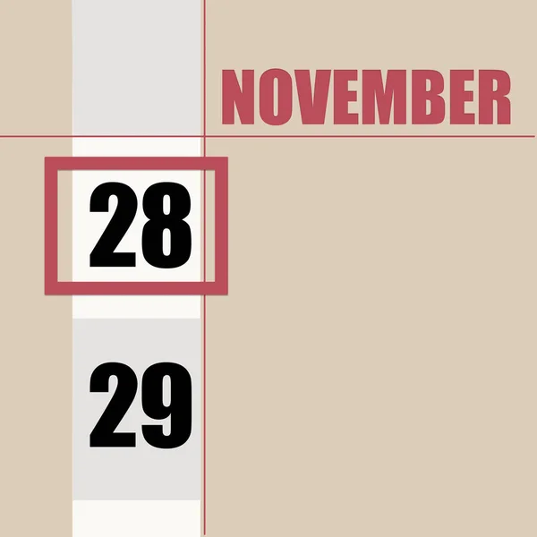 11月28日月二十八日 日历日期 米色背景 白色条纹和红色正方形 日期变化 年月日的概念 时间规划 秋季月 — 图库照片