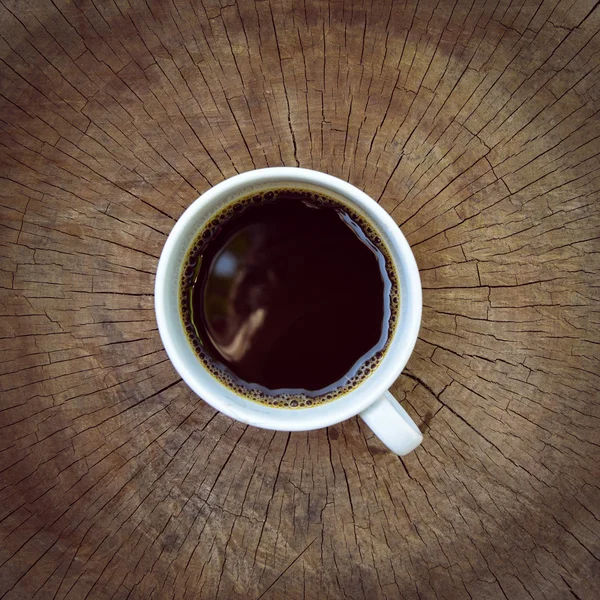 Cup Coffee Old Wood Table Stumps Cracked Top View — Stock Photo, Image