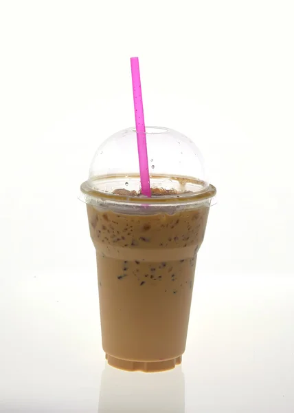 Iced coffee with straw in plastic cup on white background — Stock Photo, Image
