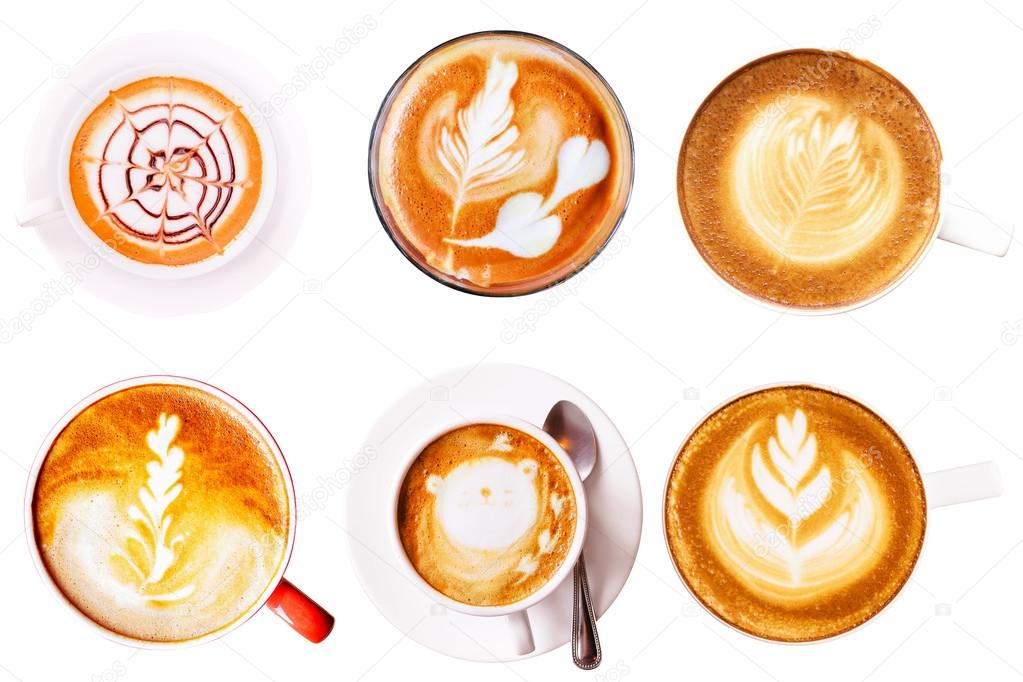 Top view collection of latte art coffee in cup on white background with clipping path each mug