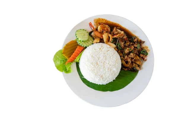 Thai Spicy Fried Sea Meat Basil Recipe Pad Gaprao — Stock Photo, Image