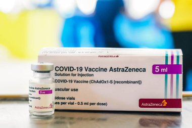 Thailand - June 5 , 2021 Close up of AstraZeneca Vaccine vials bottles for can help stop pandemic ,COVID-19 vaccines can help reduce the transmission of the new coronavirus from person to person clipart