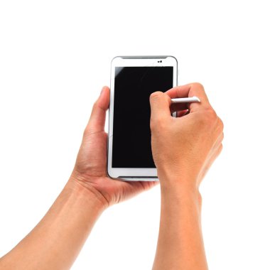 Kırık ekran cep telefonu beyaz arka plan üzerinde akıllı kalem yazma kullanarak iş adamı, yakın çekim