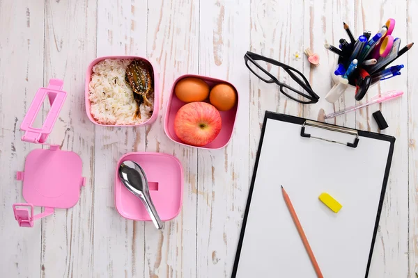 Tiffin carrier with rice and egg and apple ,lunch box — Stock Photo, Image