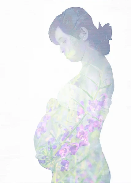 Abstract Double exposure  art  pregnant with branch tree and flower — 스톡 사진