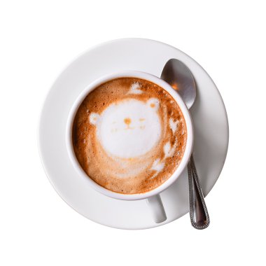 Uçan daire Beyaz Kırpma yoluyla izole fincanla kapuçino. Üstten Görünüm