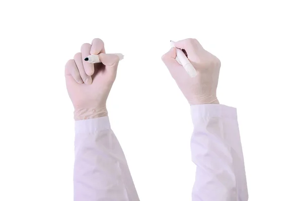 Sada Closeup ruku s rukavice držení pera značky psaní izolované na bílém — Stock fotografie