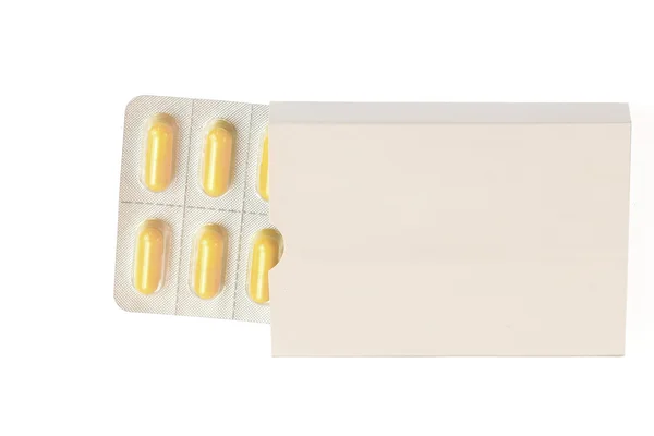Confezione aperta di medicinale in etichetta bianca con blister, isolata su bianco — Foto Stock
