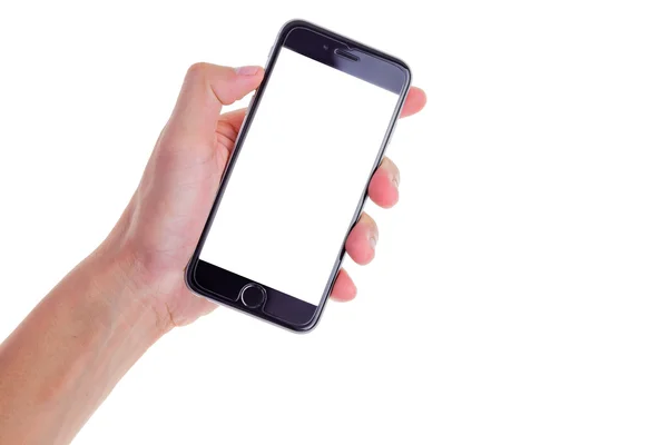 Homme montrant téléphone intelligent dans le style iphon avec écran isolé, isolé sur blanc — Photo