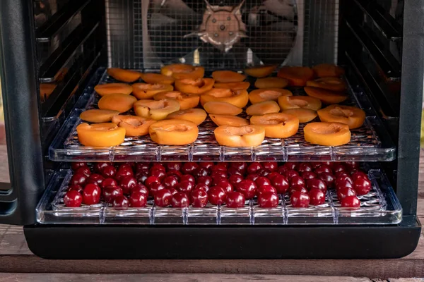Ripe Fresh Cherries Sliced Apricots Rectangular Pallets Open Electric Machine — Stock Photo, Image
