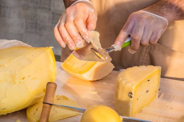 Dükkan sahibinin elleri peynirin başını kesiyor. Sokak pazarında zanaatkar peyniri. Peynir üreticisi atölyesinde peynir kesiyor. Şehir parkında yemek festivali. Sokak Fast food.