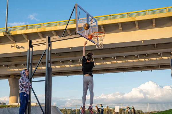 Young Basketball Player Throws Ball Basketball Basket Blue Sky Transparent — Stock Photo, Image