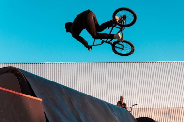Bir BMX sürücüsü açık hava aktiviteleri için şehir parkındaki bir kaykay parkında bir rampada gösteri yapıyor.