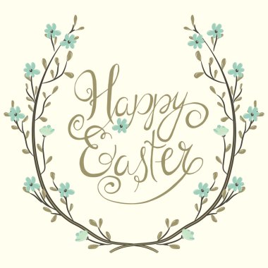Easter greeting card. Spring wreath with flowers. Happy easter hand lettering