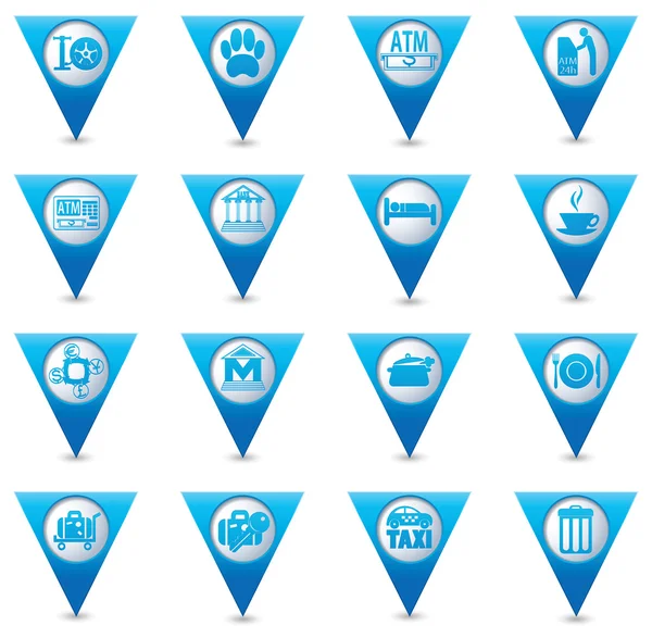 Usługi ikony na niebieski trójkątne mapa wskaźniki — Wektor stockowy