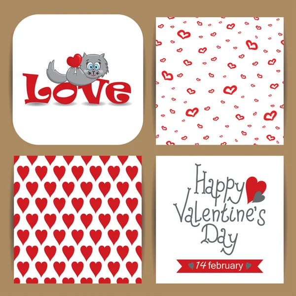 Cute card with cat and seamless patterns with hearts for Valentine's Day — Stock Vector