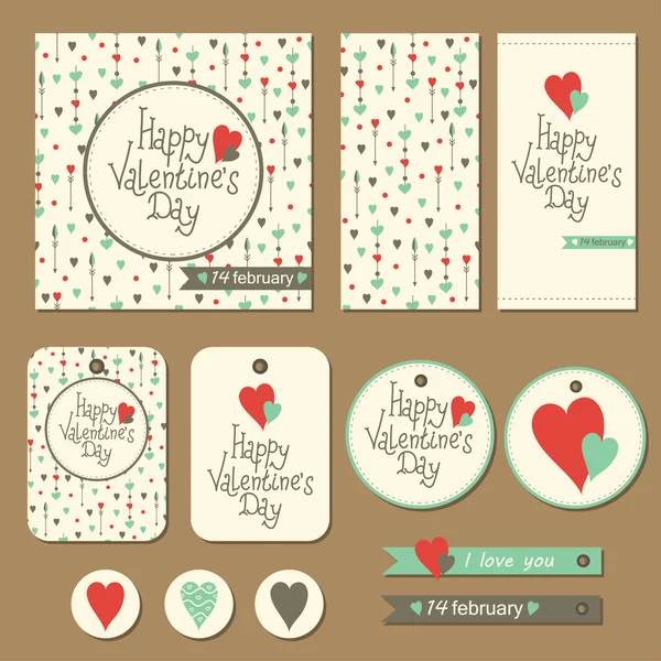 套卡、 礼物标签和标签心与箭的情人节 — 图库矢量图片