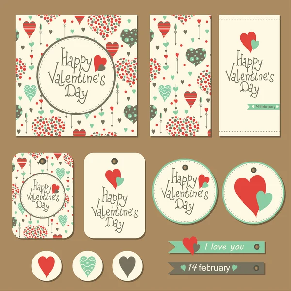 Kartenset, Geschenkanhänger und Etiketten mit Herzen zum Valentinstag — Stockvektor