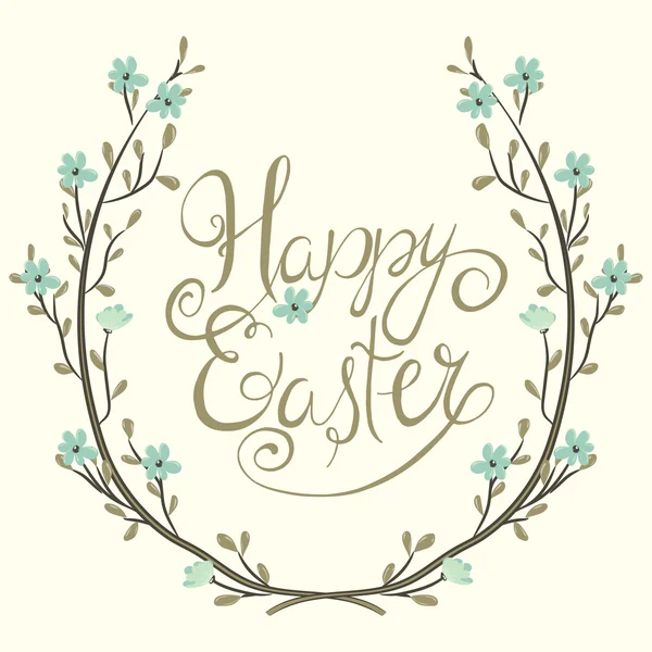 Easter greeting card. Spring wreath with flowers. Happy easter hand lettering — Stock Vector