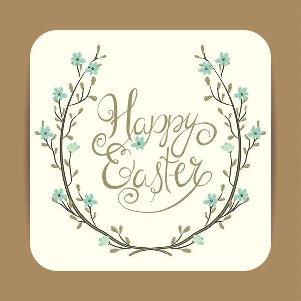 Tarjeta de felicitación de Pascua. Corona de primavera con flores. Feliz Pascua letras de la mano — Vector de stock