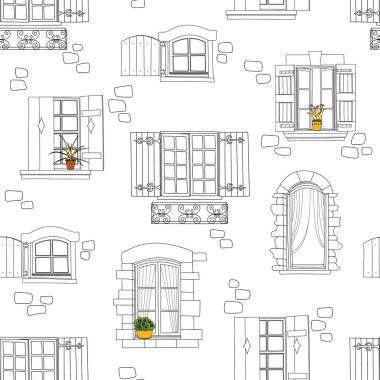 Vintage windows ve çiçekler ile Seamless Modeli