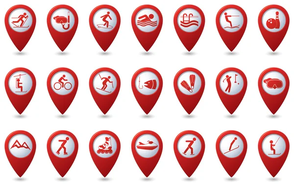 Sports icons set on map pointers — Stock Vector