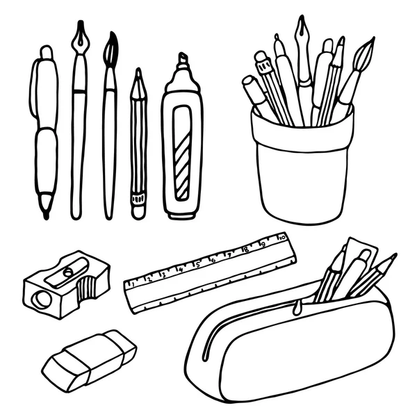 Penslar, pennor, pennor, linjal, pennvässare och radergummi ikoner. — Stock vektor