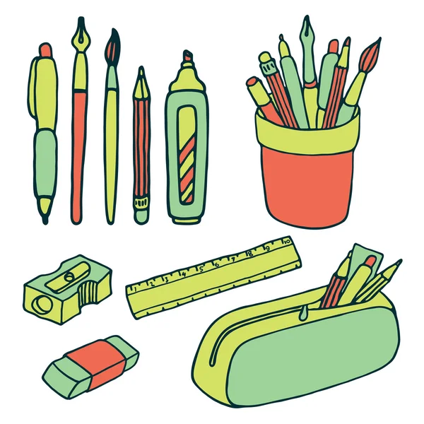 Pinceaux, crayons, stylos, règle, taille-crayons et icônes gomme . — Image vectorielle