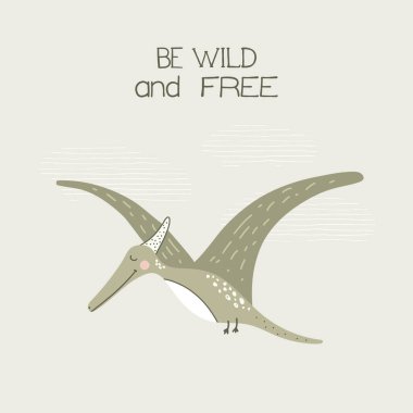 Çizgi film stilize dinozorlu komik tebrik kartı. Vektör illüstrasyonu