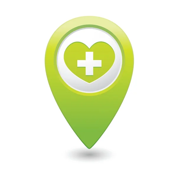 Medical heart icon with cross on green map pointer. — Stock Vector