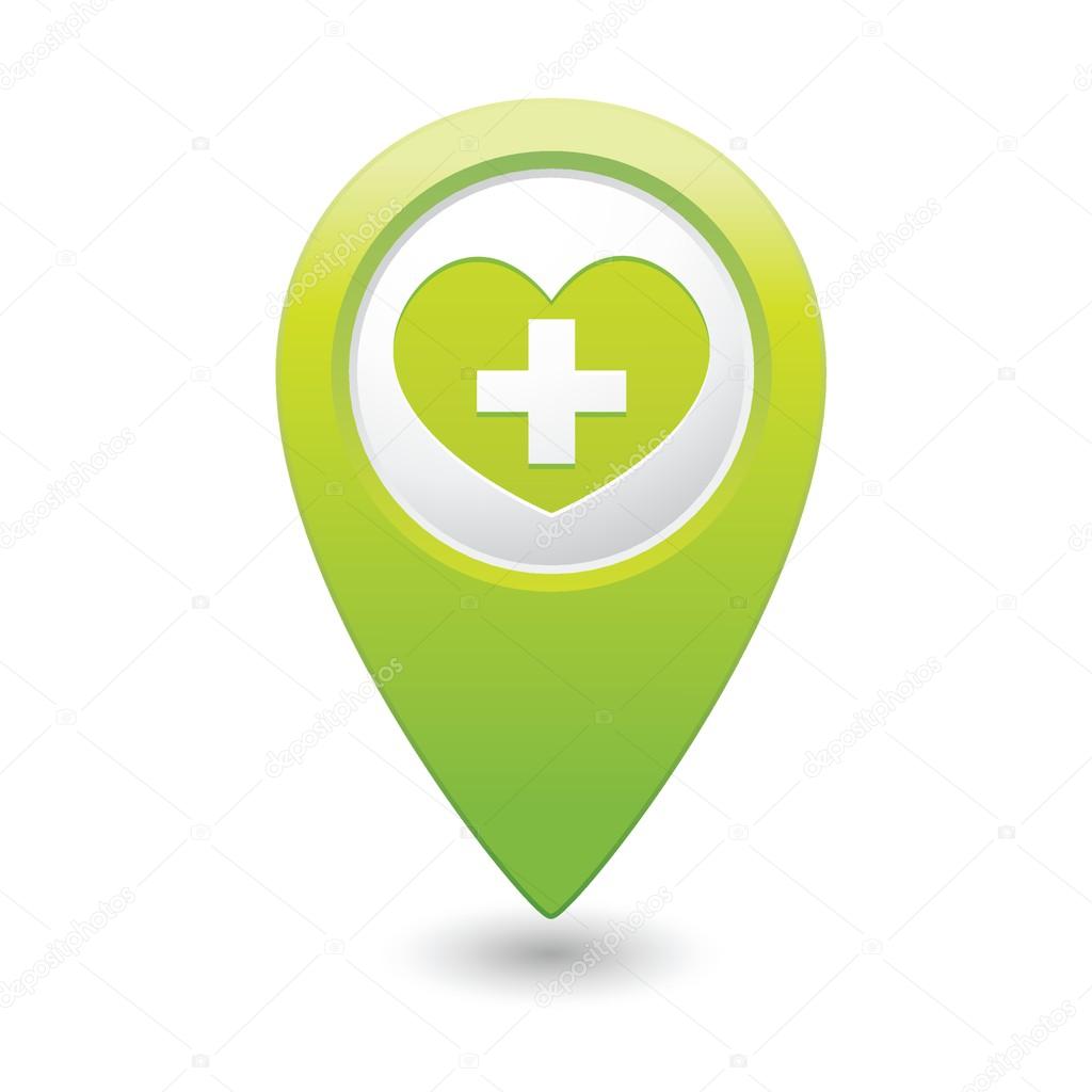 Medical heart icon with cross on green map pointer.