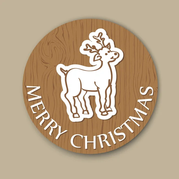 Biglietto di auguri di Natale rotondo con cervo su sfondo legno — Vettoriale Stock