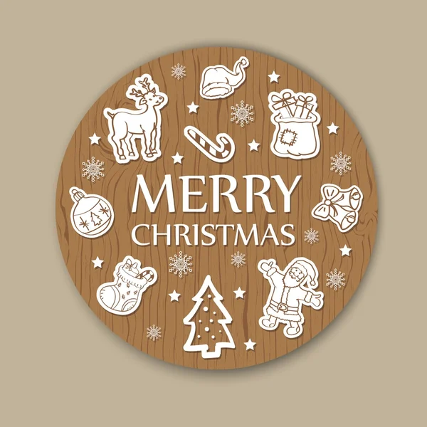Round Christmas Greeting Card on Wood Background — Stock Vector