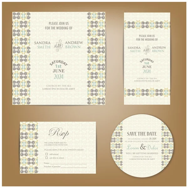 Set of wedding invitation, thank you, RSVP card, save the date — Stock Vector